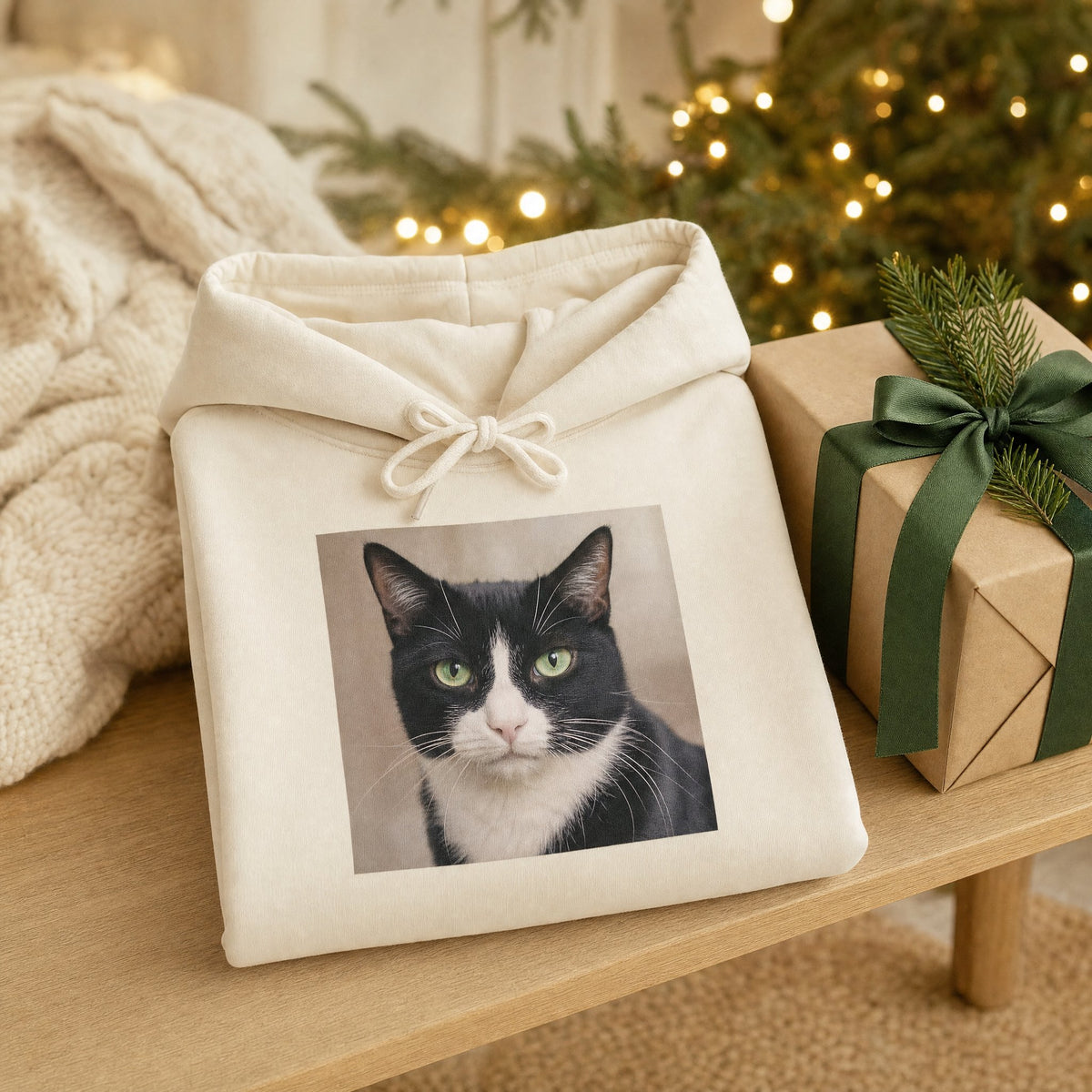Hoodie creme com a foto de um gato preto e branco no peito