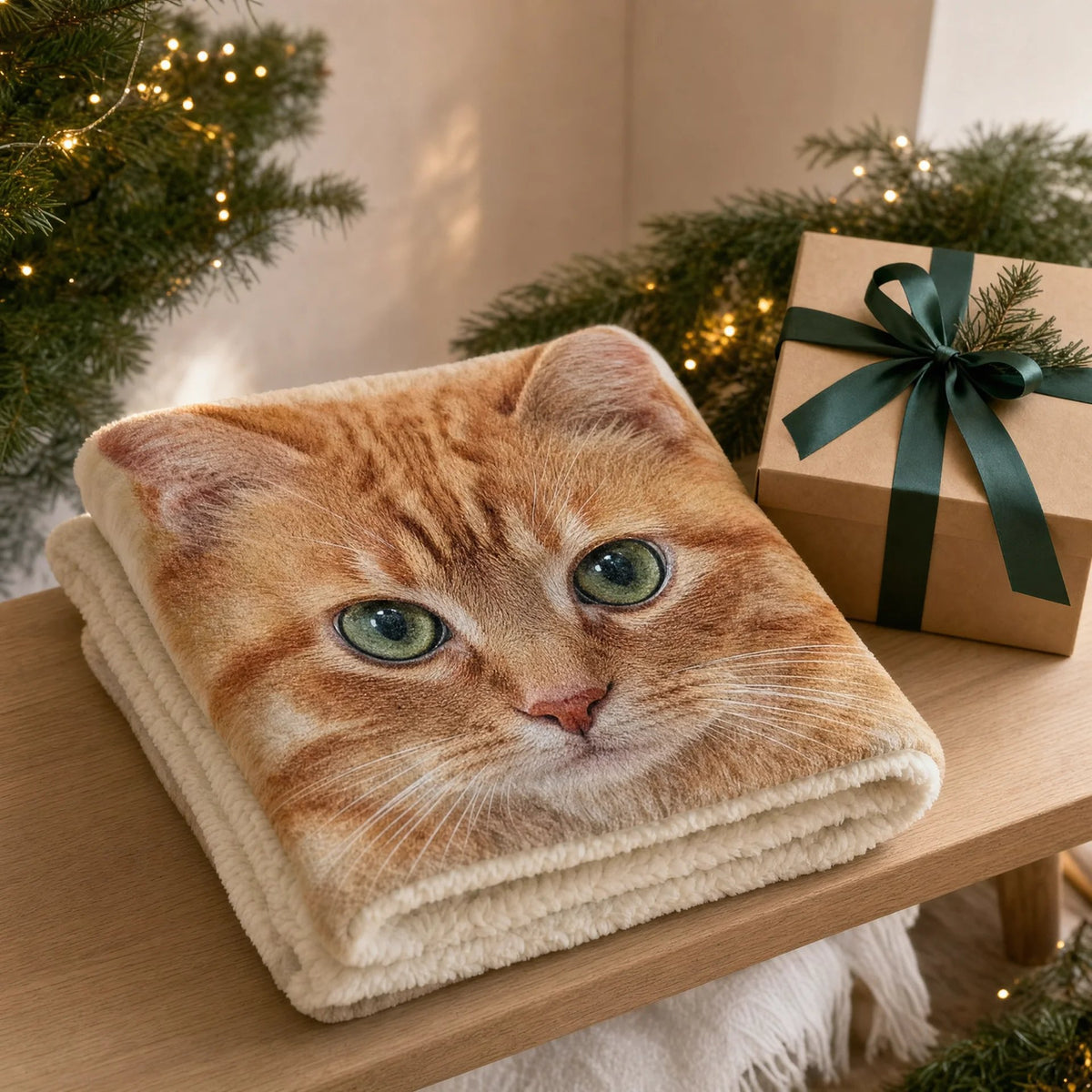 Manta sherpa dobrada com a foto de um gato laranja tigrado