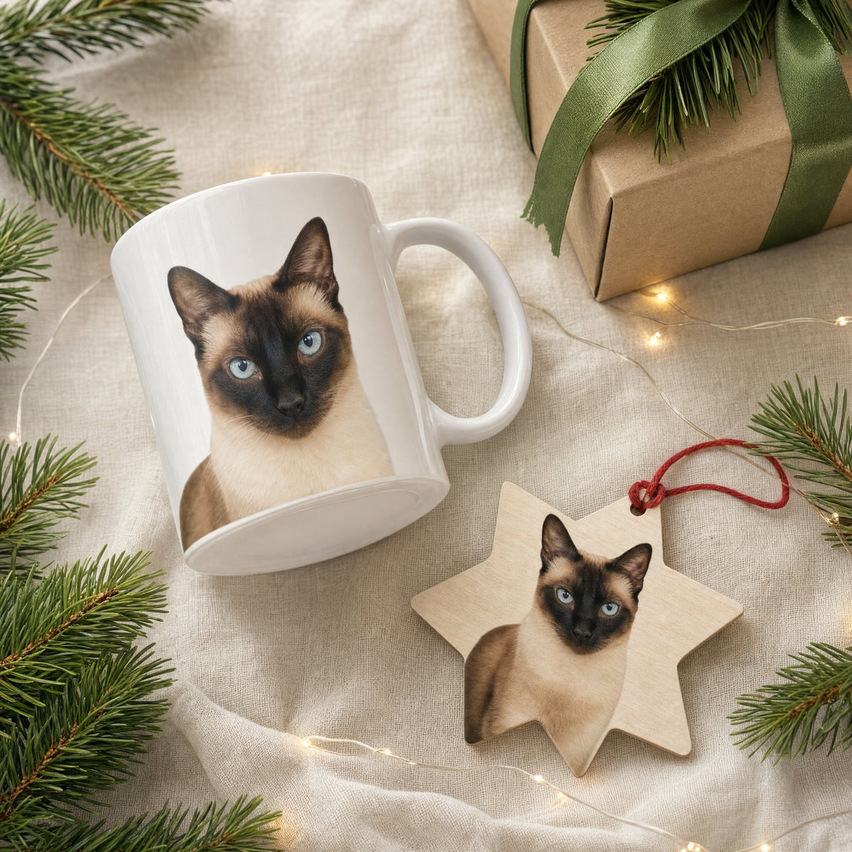 Pack de Natal: caneca e enfeite em estrela com a foto de um gato siamês