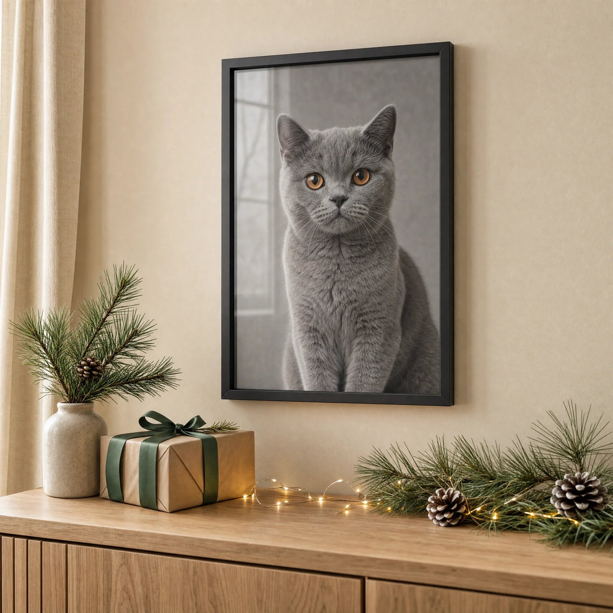 Poster emoldurado com o retrato de um gato British Shorthair cinzento