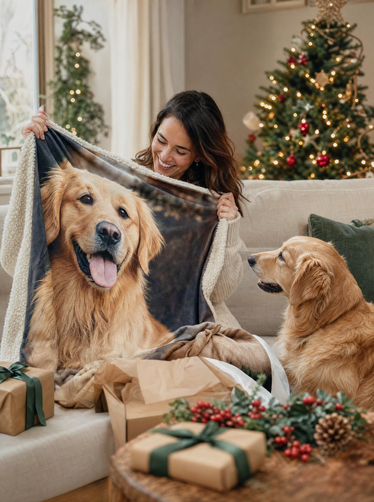 Mulher a desembrulhar uma manta com a foto do seu golden retriever, ao lado do cão, numa sala decorada para o Natal
