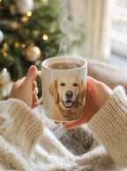 Caneca com a foto do cão nas mãos, com café quente
