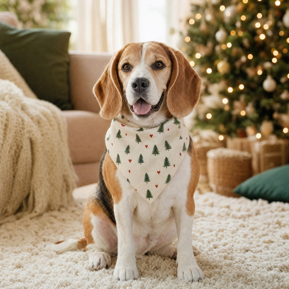 Beagle com bandana personalizada numa sala com árvore de Natal