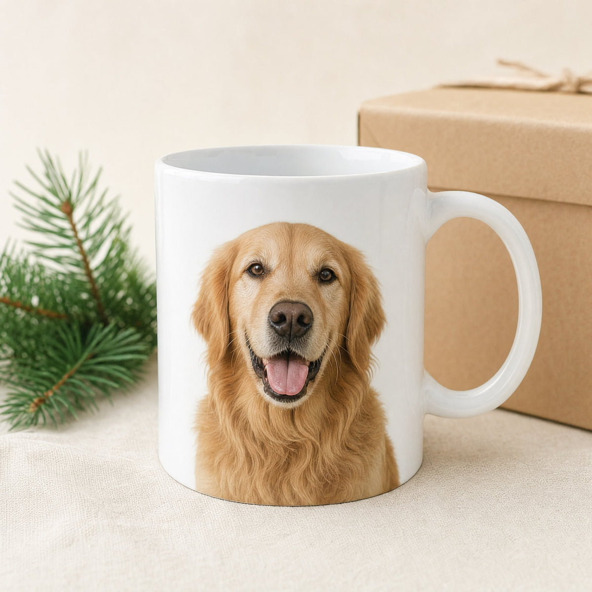 Caneca branca com a foto de um golden retriever