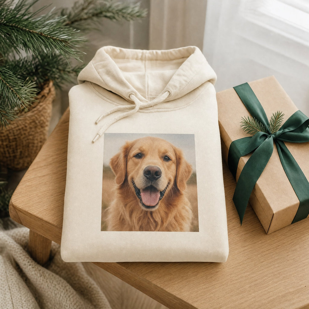 Hoodie creme com a foto de um golden retriever, dobrada ao lado de uma caixa de prenda