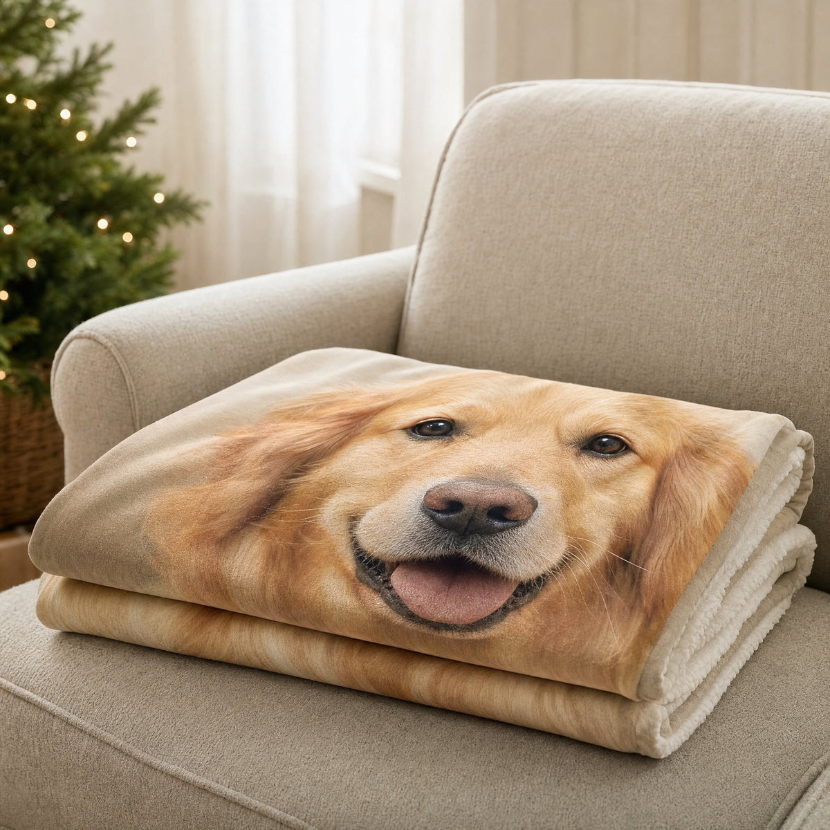 Manta sherpa dobrada com a foto de um golden retriever