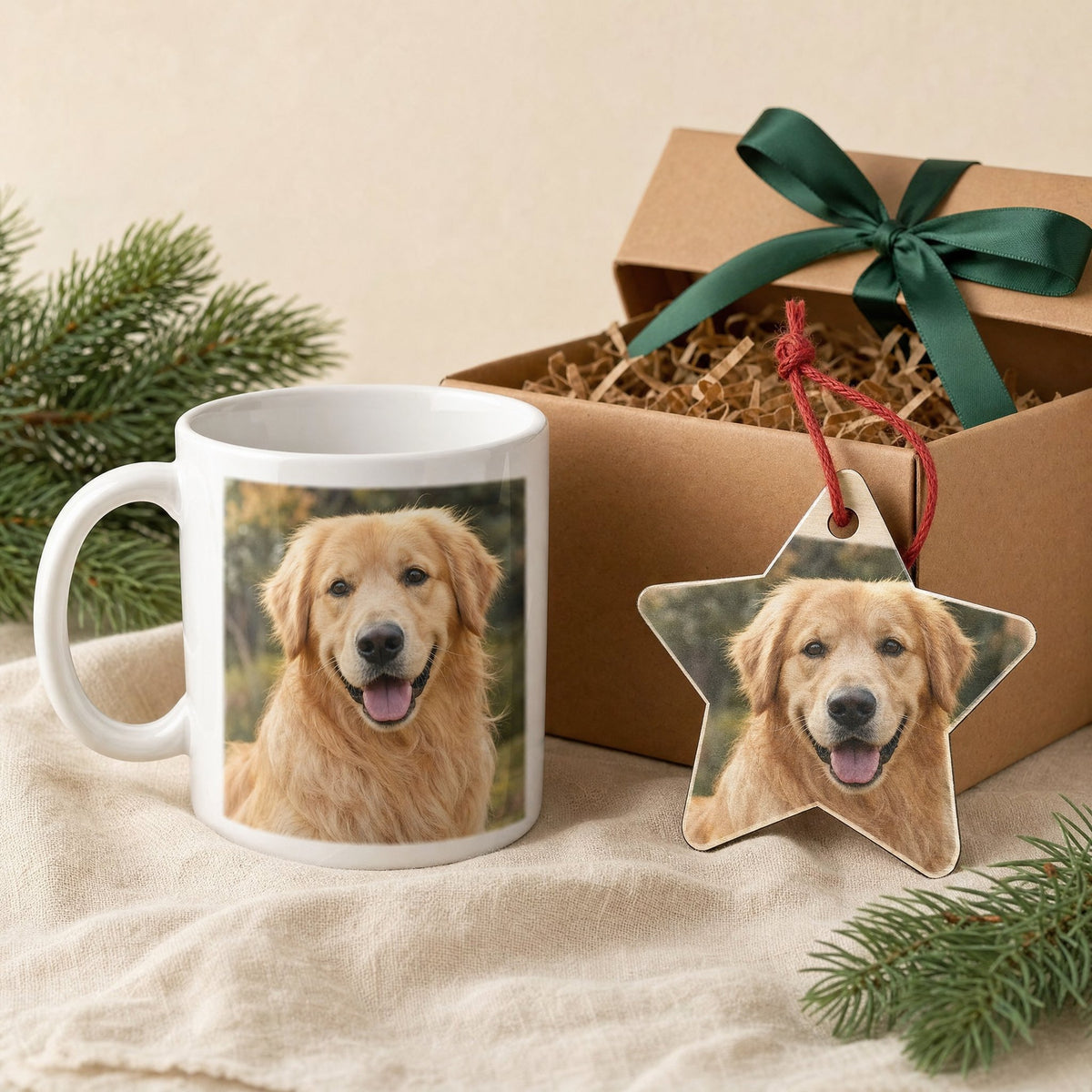 Pack de Natal: caneca e enfeite em estrela com a foto do cão