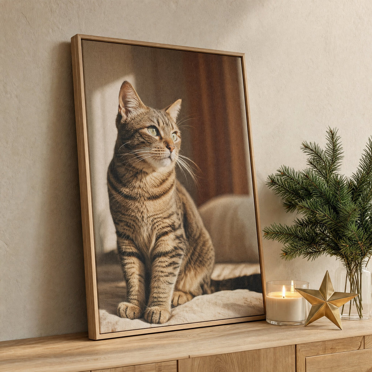 Tela com a foto de um gato tigrado, emoldurada, em cima de um móvel com decoração de Natal
