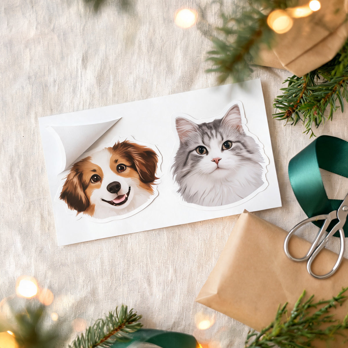 Autocolantes recortados com a cara de um cão e de um gato, numa mesa creme com papel de embrulho e fita verde