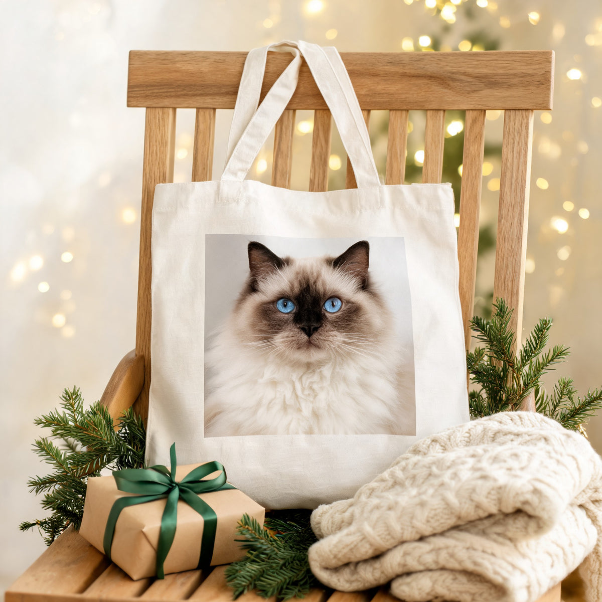 Tote bag de algodão natural com a foto de um gato Ragdoll, pendurada numa cadeira de madeira com decoração de Natal