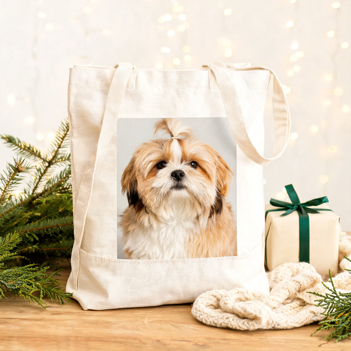 Tote bag de algodão natural com a foto de um Shih Tzu, pendurada junto a ramos de pinheiro e uma prenda